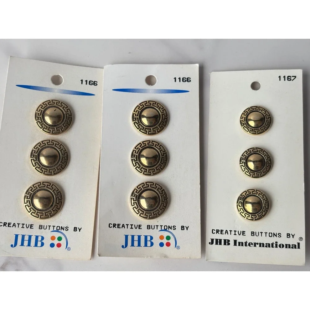 JHB International Greek Key Gold Tone Dome Buttons 9pc Lot 1166 1167 Vintage